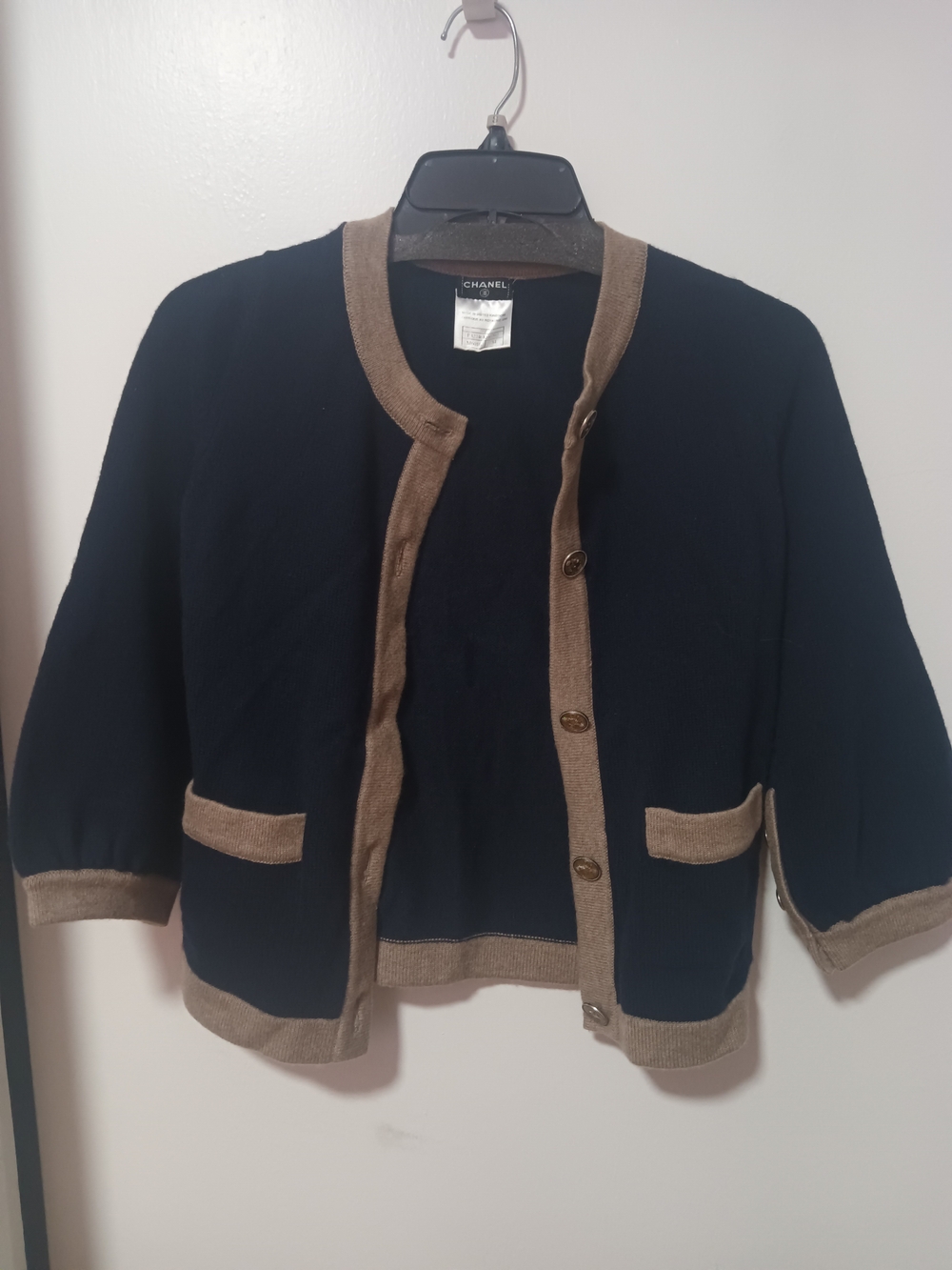 Chanel Navy and Tan Trim Cashmere Cardigan Size 34 Small